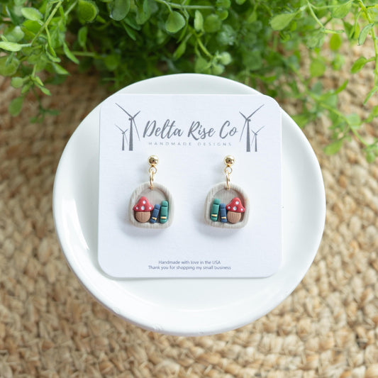 Mini Mushroom Bookshelf Dangle Earring